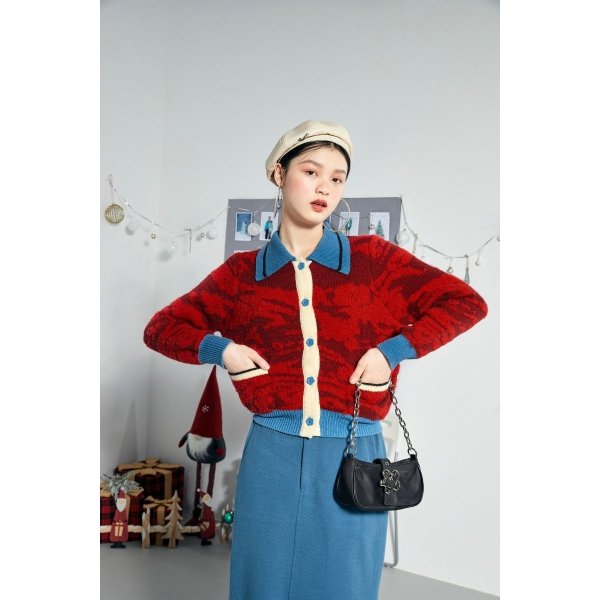 Contrast Collar Floral Buttons Knit Cardigan | Peacebird Women Fashion