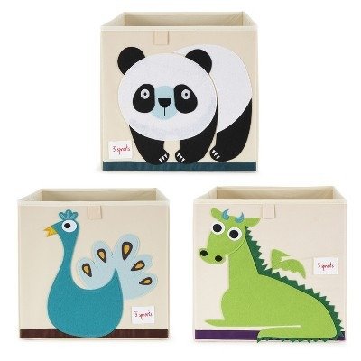 3 Sprouts Kids Children Foldable 13 Inch Square Green Dragon Felt Storage Cube Toy Bin with Blue Peacock and Black/White Panda Cube Toy Bins