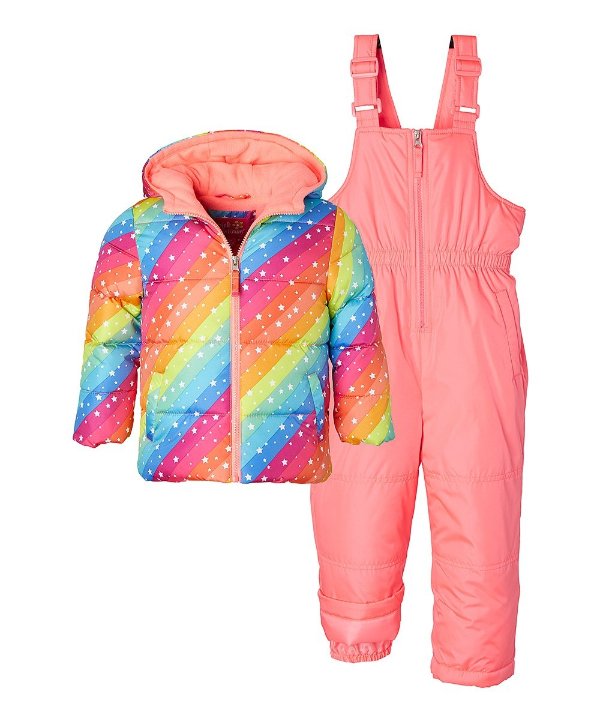 Pink Rainbow Stars & Stripes Puffer Coat & Overall Snow Pants - Infant, Toddler & Girls