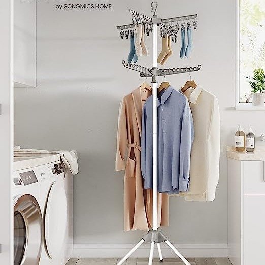 2-Tier Clothes Drying Rack, 72-Inch Folding Laundry Drying Rack with 3 Rotatable Arms for Hangers, 24 Clips, Stainless Steel, for 27 Pieces of Clothes, Gray and White ULLR512G01