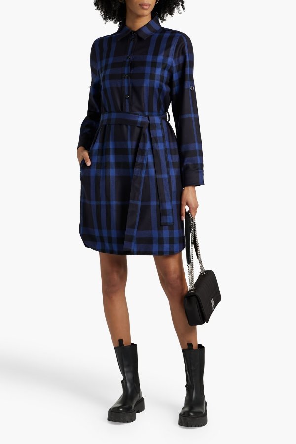 Belted checked wool mini shirt dress