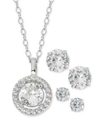 3-Pc. Set Cubic Zirconia Halo Pendant Necklace & Two Pair Solitaire Stud Earrings in Sterling Silver, Created for Macy's