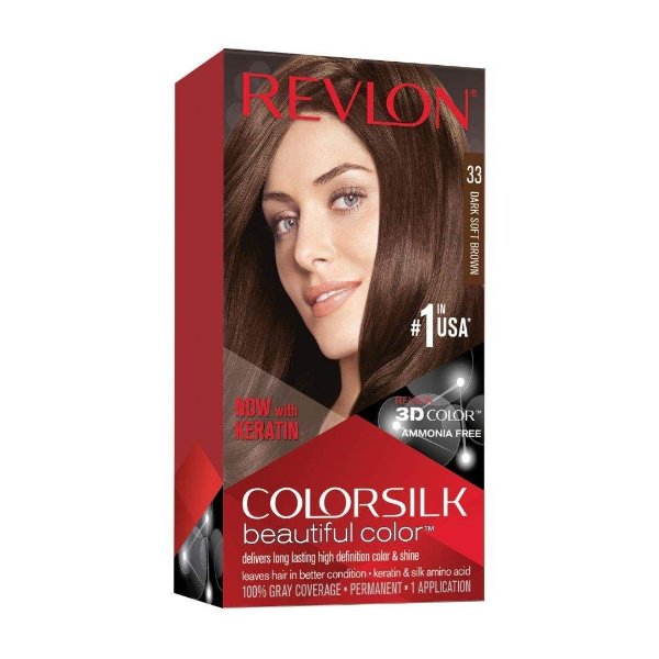 Colorsilk Beautiful Color, Permanent Hair Dye with Keratin, 100% Gray Coverage, Ammonia Free, 33 Dark Soft Brown