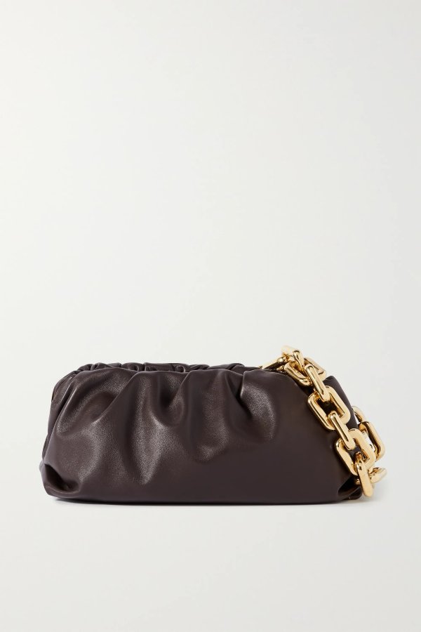 The Pouch chain-embellished gathered leather clutch