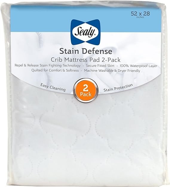 Stain Defense 2-Pack Fitted Toddler Bed and Baby Crib Mattress Pad Protector, Noiseless, Machine Washable and Dryer Friendly, 52" x 28" - White