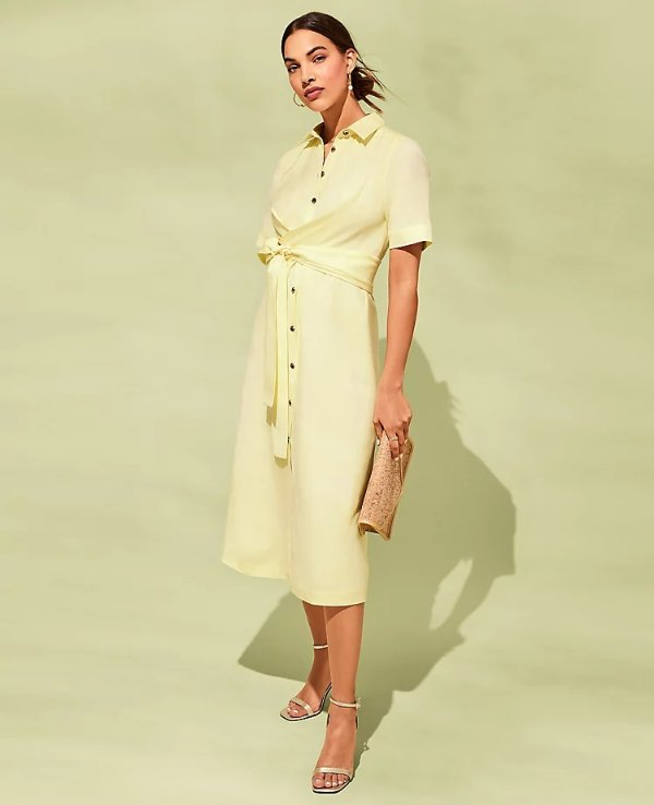 Petite Tie Waist Linen Blend Shirtdress | Ann Taylor