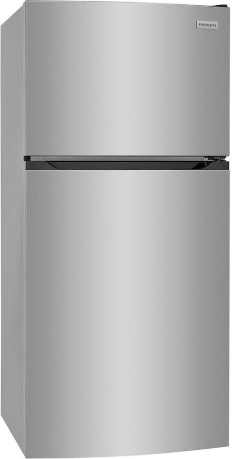 Frigidaire FFHT1425VV 28 Inch Freestanding Top Mount Freezer Refrigerator with 13.9 cu. ft. Capacity, Integrated Handles, Field Reversible Doors, Auto-Close Doors, Crisper Drawer, EvenTemp® Cooling System, Adjustable Glass Shelves, LED lighting, ADA Compliant, and ENERGY STAR® certified: Brushed Steel