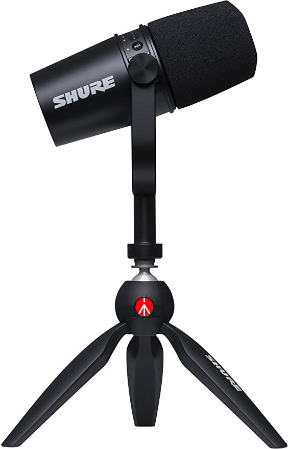 Shure MV7 USB Microphone with Tripod, for Podcasting, Recording, Streaming & Gaming, Built-In Headphone Output, All Metal USB/XLR Dynamic Mic, Voice-Isolating Technology, TeamSpeak Certified - Black