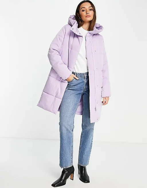 longline hooded padded coat in lilac