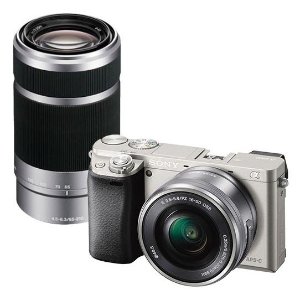 Sony Alpha A6000 24.3MP Mirrorless Camera - Silver with 16-50mm Power Zoom Lens and Extra 55-210mm Telephoto Lens