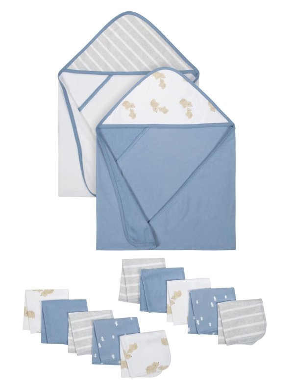 Baby Boys Blue Hooded Towel and Washcloth Set, 12-Piece