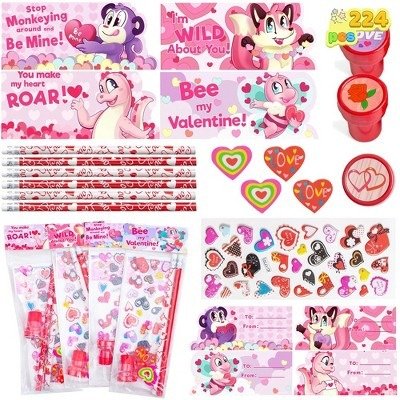 Syncfun 224 Pcs Valentines Day Gifts for Kids with Cards, Valentines Goodie Bag Stuffers, Stationery Set Bulk with Cards for School Class Exchange