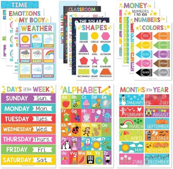 Hadley Designs 16 Educational Posters for Classroom & Kindergarten, Kindergarten Classroom Must Haves, Laminated PreK Learning Chart Materials US & World Map, ABC Alphabet, Shapes, Days of the Week