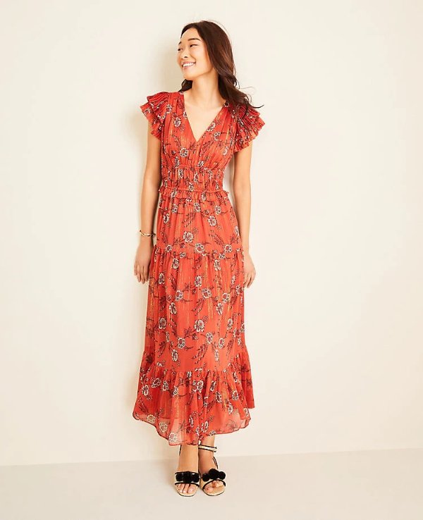 Shimmer Floral Flutter Sleeve Maxi Dress | Ann Taylor