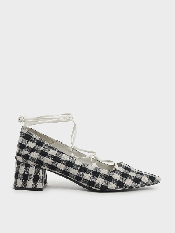 Black Woven Gingham Ankle Tie Pumps | CHARLES &amp; KEITH