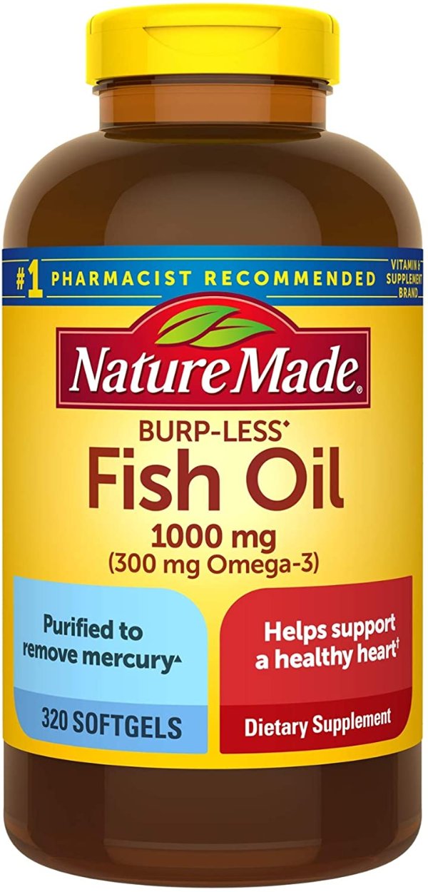 Burp-Less Fish Oil 1000 mg with 300 mg Omega-3, Dietary Supplement for Healthy Heart Support, 320 Softgels, 160 Day Supply