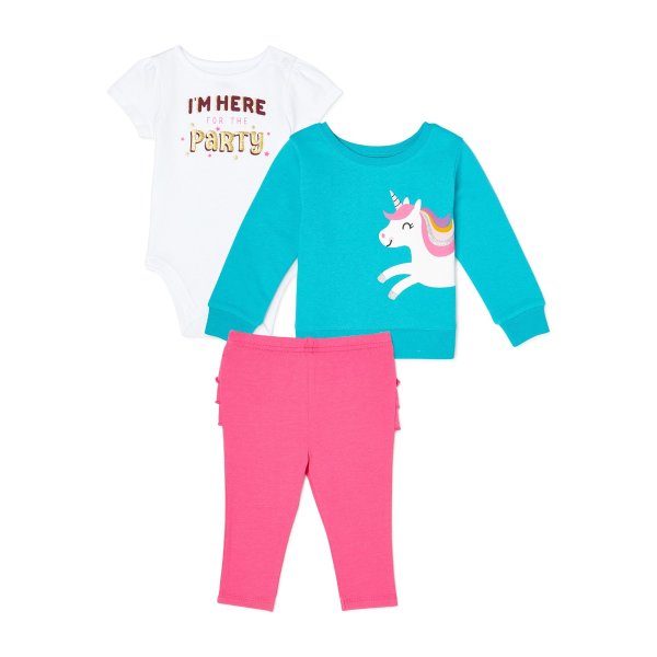 Baby Girl Fleece Sweater, Bodysuit & Pants Outfit Set, 3-Piece