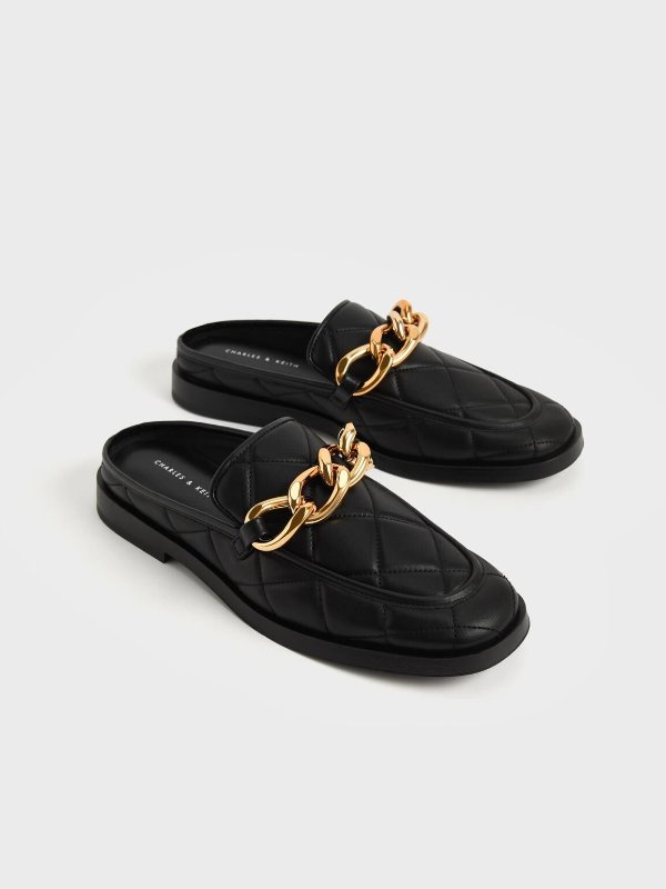 Black Quilted Chain Loafer Mules | CHARLES & KEITH