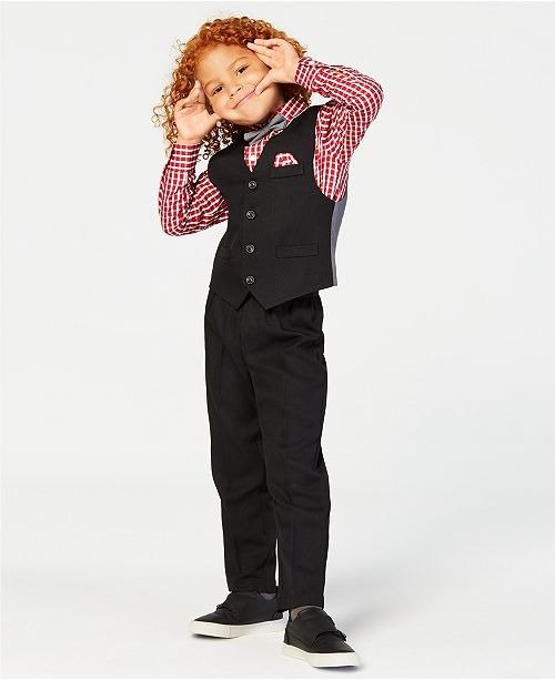 Little Boys 4-Pc. Textured Vest, Check-Print Shirt, Pants & Bowtie Set