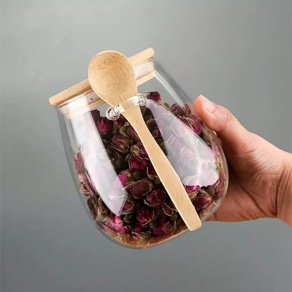 Glass Storage Jar with Wooden Spoon Lid - Airtight Transparent Mixed Grain Container, Uncharged, No Pattern, 350/600/1000ML Sizes Available