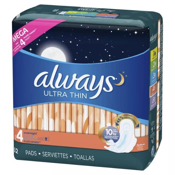 Always Ultra Thin Overnight Pads - Size 4 - 52ct