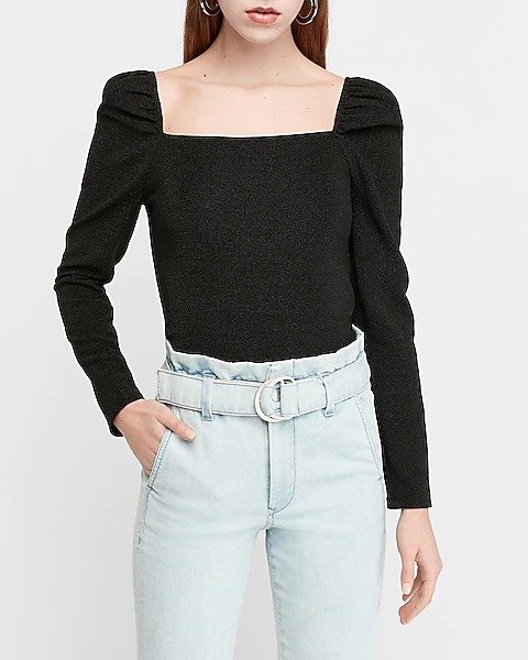 Ribbed Square Neck Puff Sleeve Top