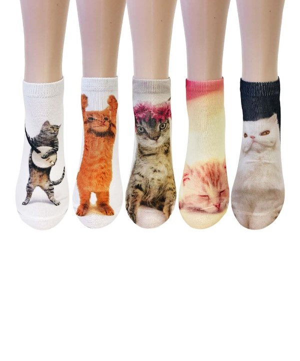 White & Orange Crazy Cats Ankle Socks - Set of 5