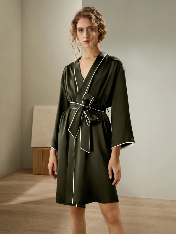 Contrast Piping Long Sleeves Night Robe