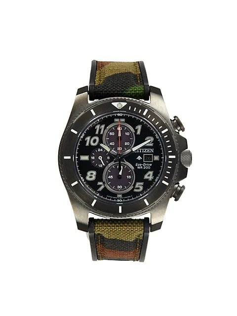 Eco-Drive Stainless Steel & Camo-Strap Chronograph Watch