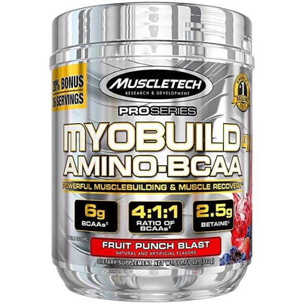 Myobuild BCAA Amino Acids Supplement, Muscle Building and Recovery Formula with Betaine & Electrolytes, Fruit Punch Blast, 36 Servings (332g)