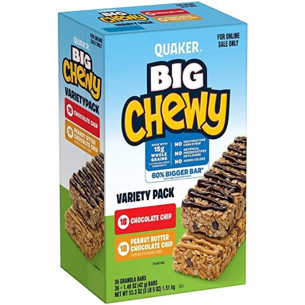 Big Chewy Granola Bars, 60% Larger, 2 Flavor Variety Pack, (36 Pack) (00030000567609)
