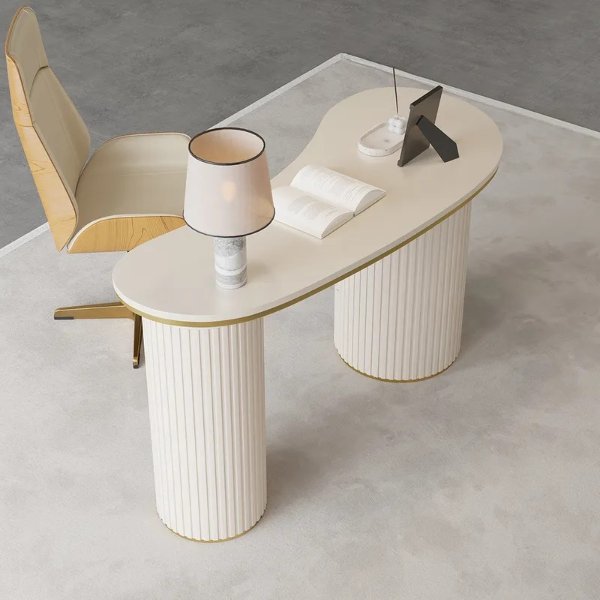 55.1" Modern Off-White Curved Desk 3-Drawer Wooden Home Office Desk Double Pedestal-Homary