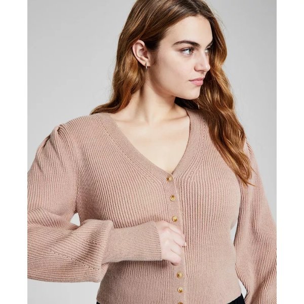 Women's Puff-Sleeve Ribbed Cardigan, Created for Macy's