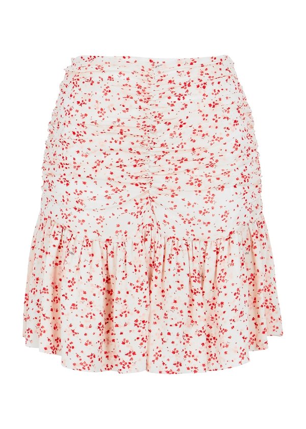 Floral-print ruched georgette mini skirt