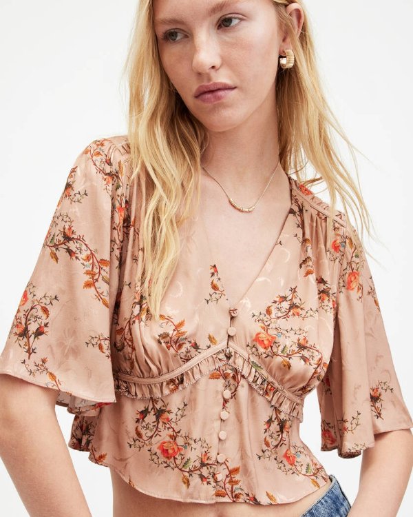Tian Floral Print Oto Shirred Bust Top