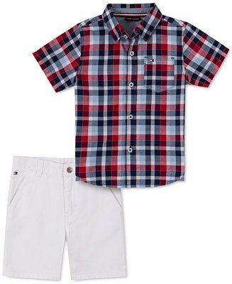 Baby Boys 2-Pc. Short-Sleeve Plaid Button-Up Shirt & Twill Shorts Set