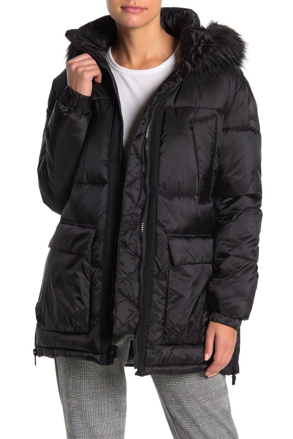 Faux Fur Trim Hooded Zip Puffer Jacket