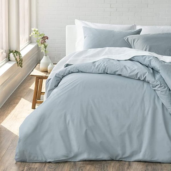 Welhome Cozy 100% Cotton Percale Washed Reversible Duvet Cover Set | Full/Queen Size (Chambray Blue) | 88" x 92" | 3 Piece Set | Lightweight | Cool & Crisp | Breathable | Ideal for Summers