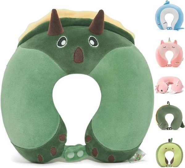 Niuniu Daddy Kids Travel Pillow Road Trip Essentials for 3-8 Y/O-Soft Memory Foam Kids Neck Pillow for Traveling Airplane Travel Essentials-Green Triceratops U-Shaped Pillow for Boys/Girls