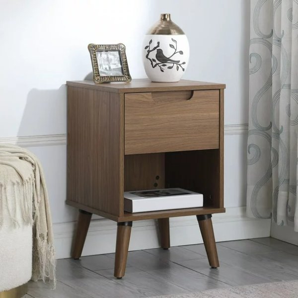 Modern 1 Drawer Bedroom Nightstand, Brown Walnut