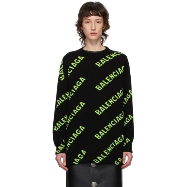- Black & Green All Over Logo Sweater