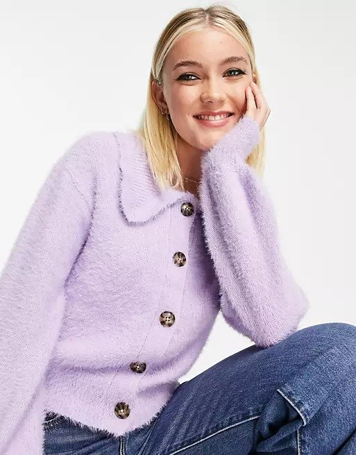 fluffy knit collared cardigan in lilac