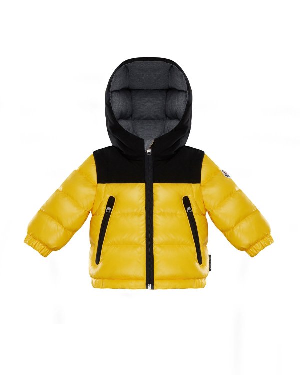 Roubaix Puffer Jacket w/ Contrast Hood, Yellow, Size 12M-3T