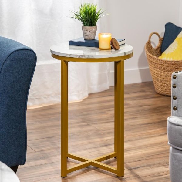 Round Coffee Side Table w/ Faux Marble Top, Metal Frame