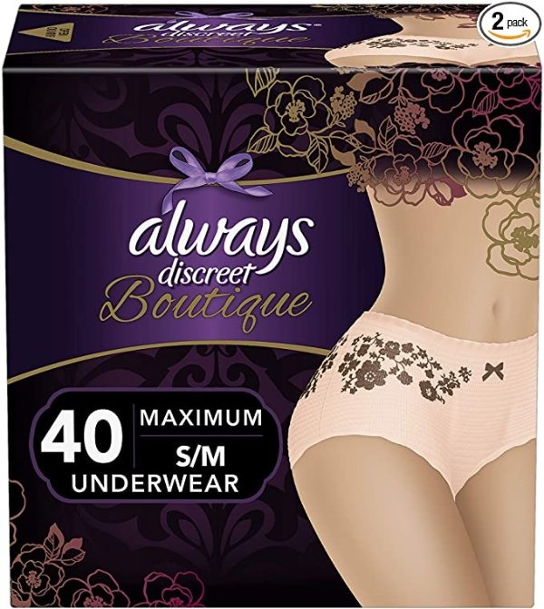 Boutique, Incontinence & Postpartum Underwear for Women, Disposable, Maximum Protection, Peach, Small/Medium, 20 Count, Pack of 2