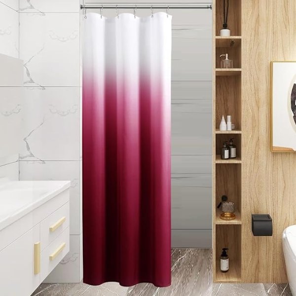 Stall Shower Curtain 36x72 inch, Narrow Red White Ombre Fabric Shower Curtains for Bathroom, Modern Hotel Style Half Size Small Shower Curtain Set with 6 Hooks, Machine Washable,Burgundy