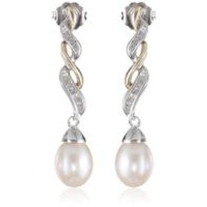 S&G Sterling Silver and 14k Yellow Gold Freshwater Cultured Pearl and Diamond Drop Earrings (9.5-10 mm) 