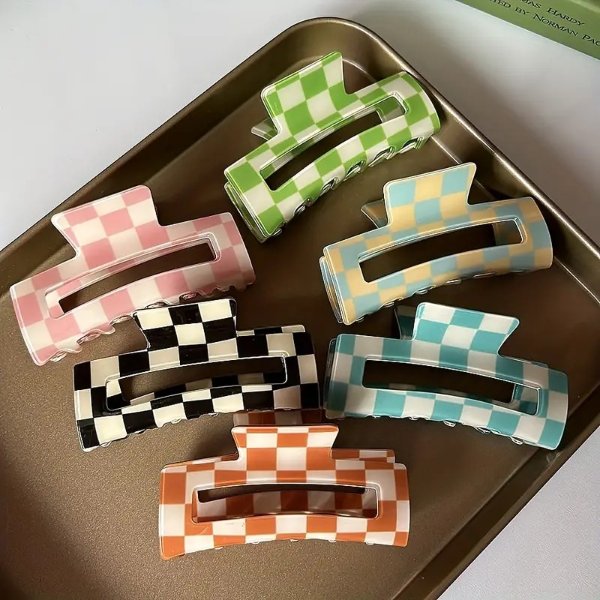 1pc Glossy Checkered Claw Clips: Add A Stylish Touch To Your Hair With These Rectangle-Shaped Hair Clips