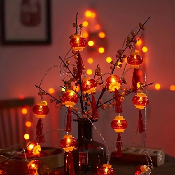 1pc Spring Festival Tassel Red Lanterns String Lights, 4.92ft/1.5M 10 LED, 9.84ft/3M 20 LED, Battery Operated, Chinese New Year Decoration For Indoor Outdoor, Lunar New Year Lanterns (Batteries Not Included)