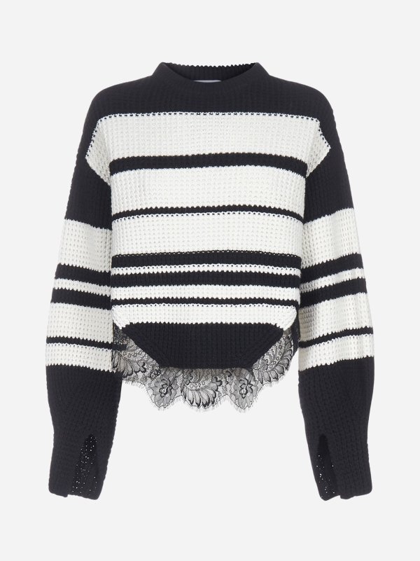 Lace detail striped cotton and wool sweater